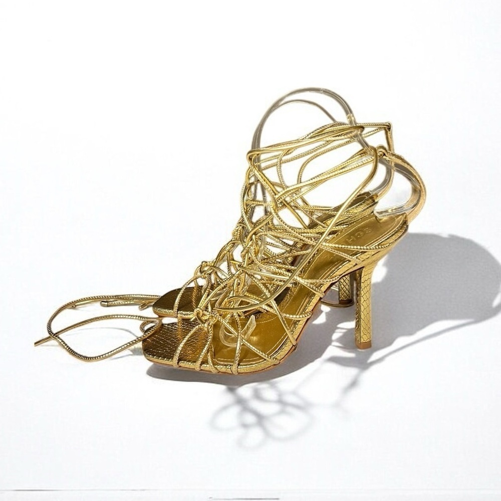 🌻 Schutz Strappy Gold Leather Snake Embossed Heyde Heels Size 8 + Box / Dust Bag